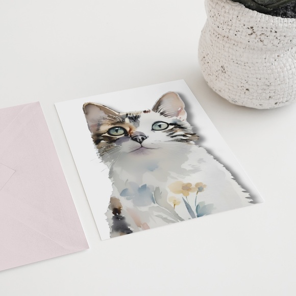 Watercolor Cat With Flowers Portrait Wall Art Illustration Print Poster Unframed - Picture 5 of 6